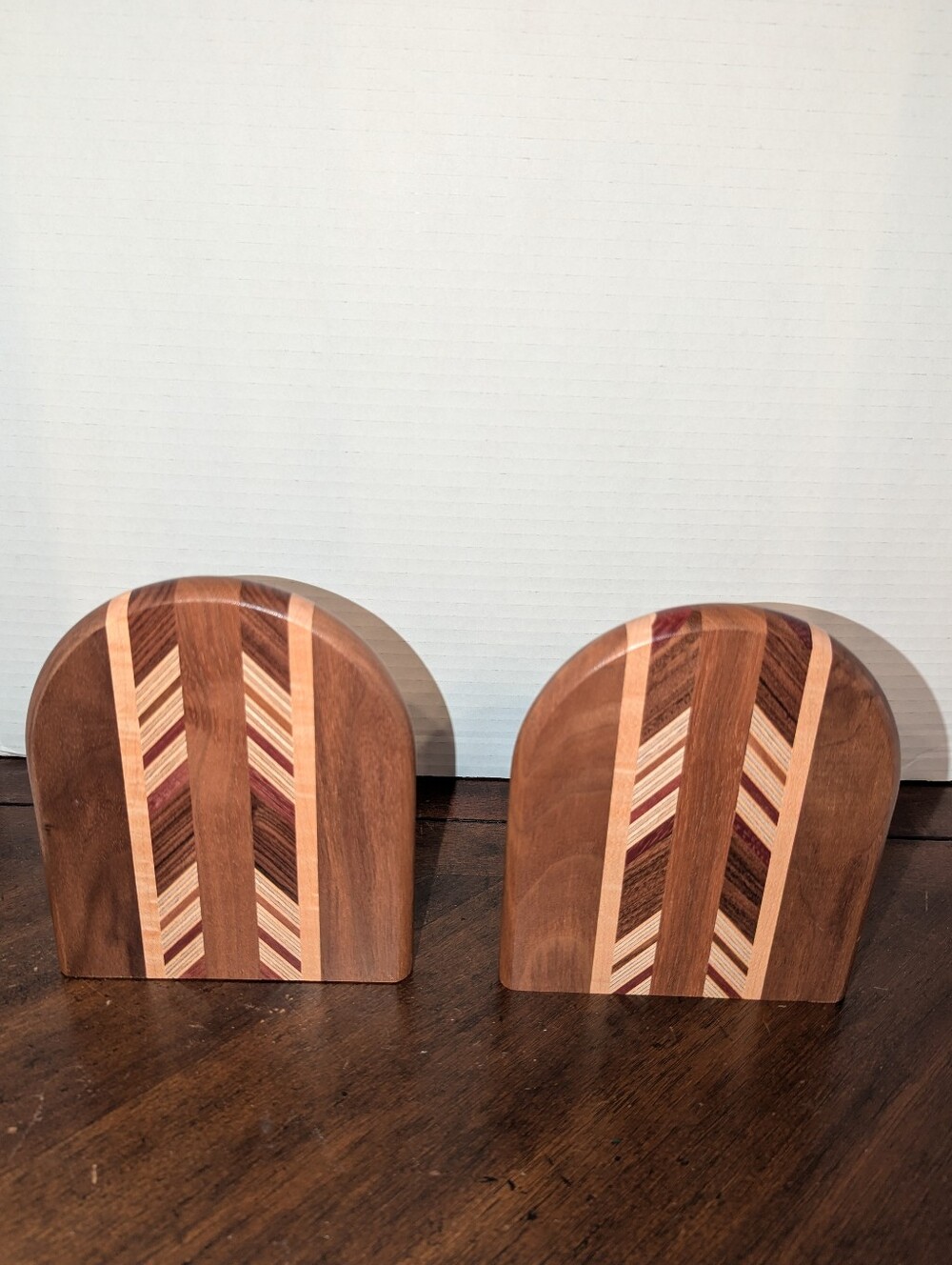 Vintage MCM Wood Marquetry Inlay & Brass Bookends Pair